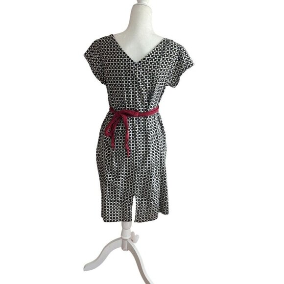 Mata Traders Black & White Geometric Print Dress Red Waist Tie Cotton Size Large - Picture 2 of 6